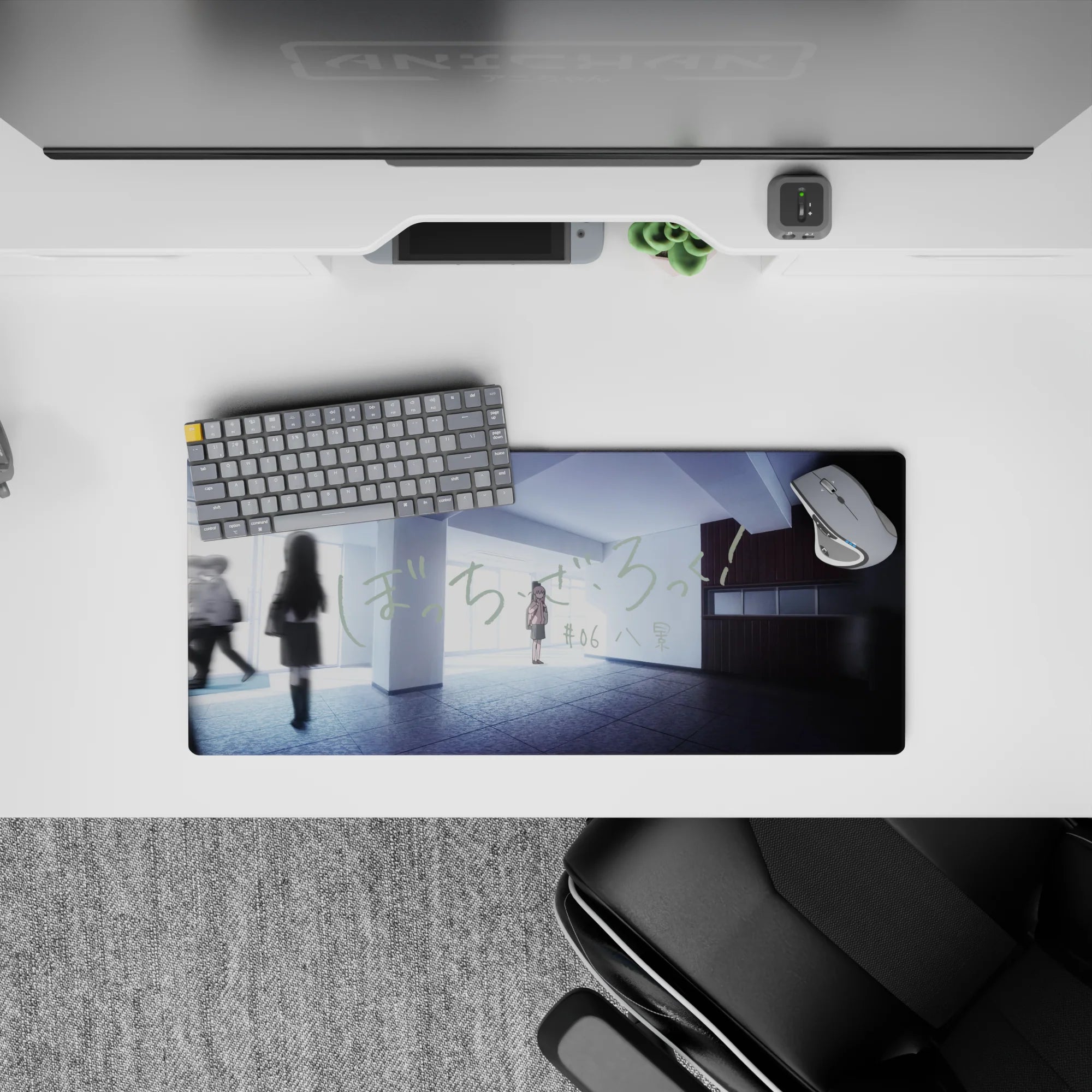 28x12 inches anime mouse pad in cool blues and pale grays, calm morning light, dreamy lonely warmth.