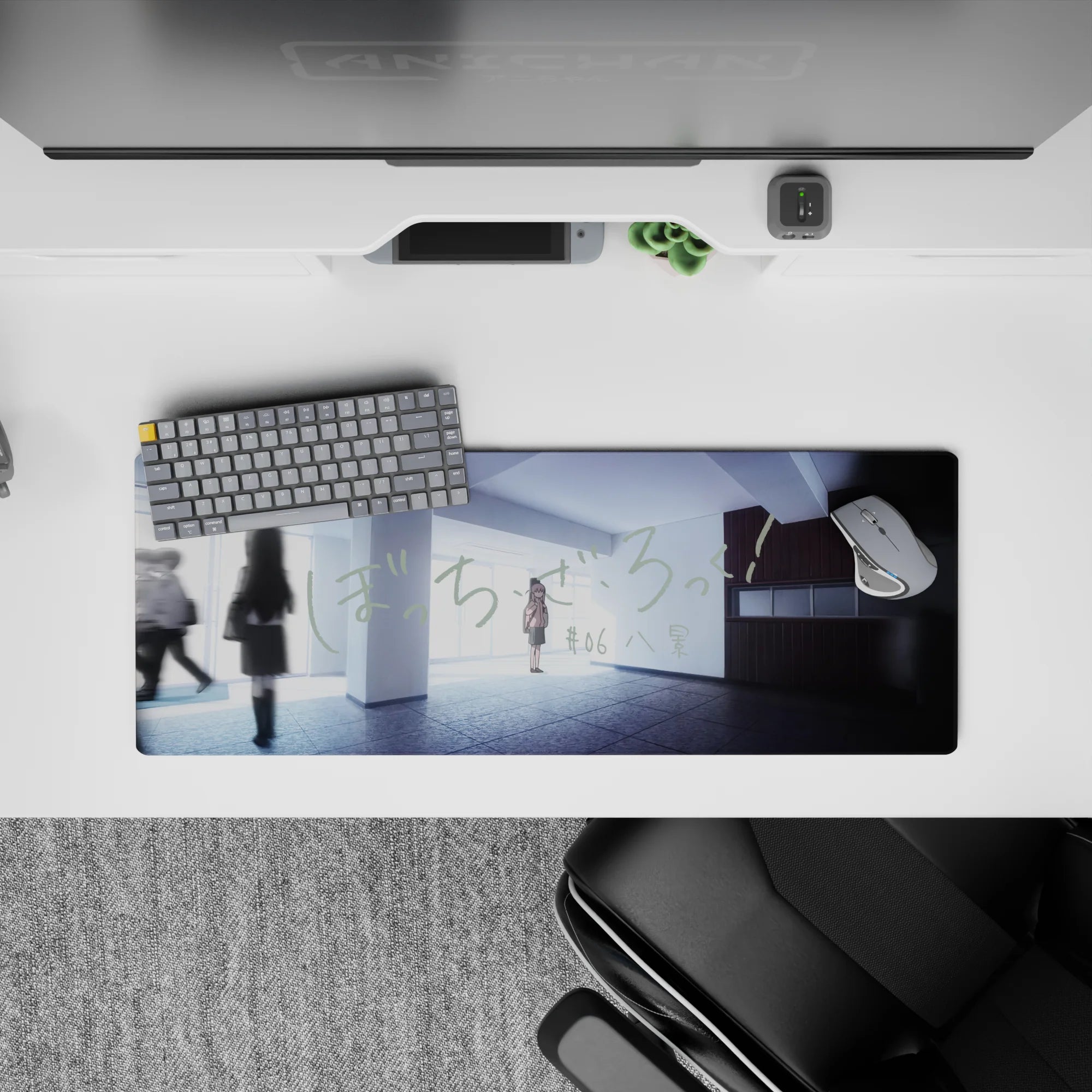 32x12 inches anime desk mat in cool blues and pale grays, soft morning light, calm dreamy slice-of-life mood.