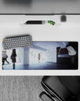 32x12 inches anime desk mat in cool blues and pale grays, soft morning light, calm dreamy slice-of-life mood.