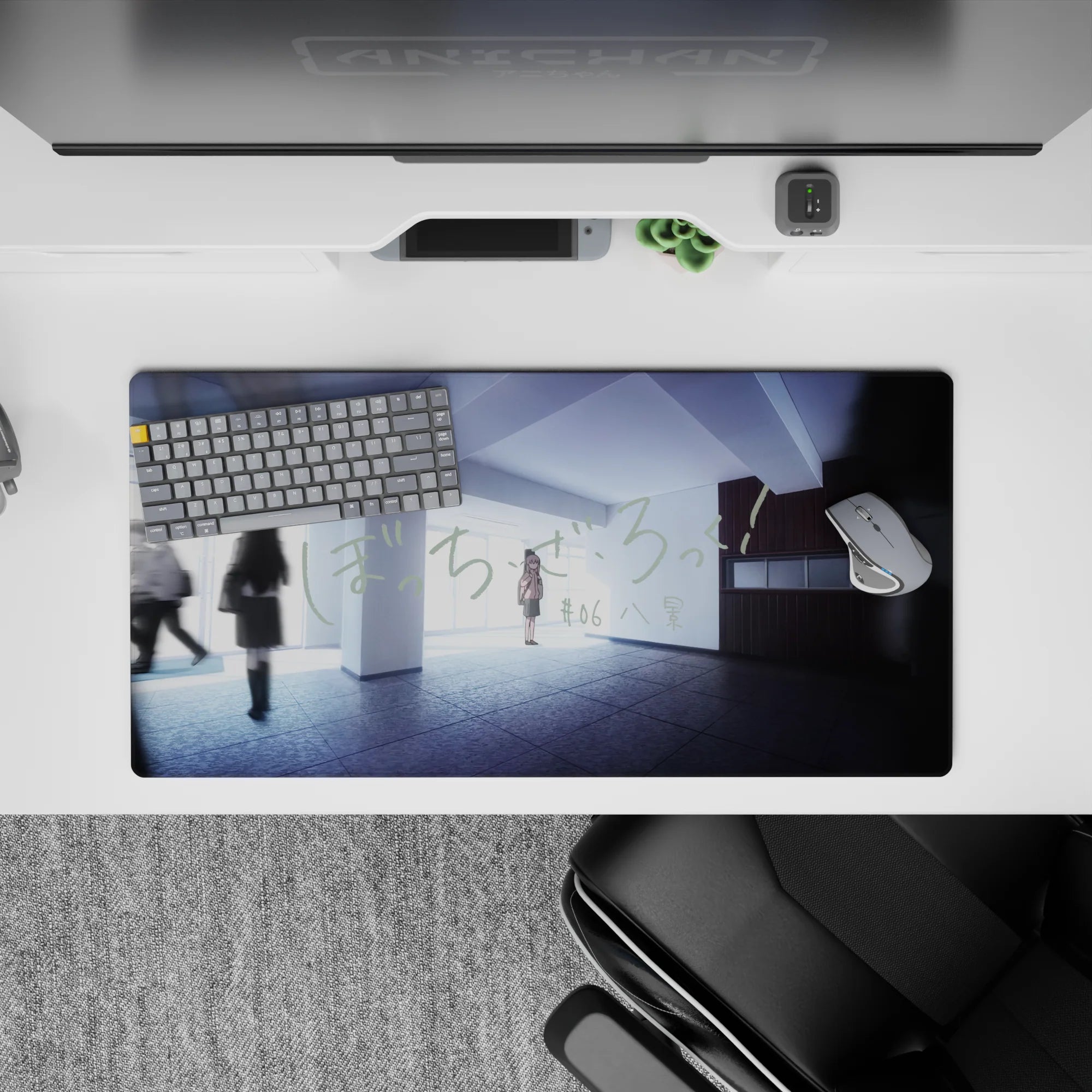 32x16 inches anime mouse pad in cool blues and pale grays, soft morning light, calm slice-of-life mood.