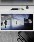32x16 inches anime mouse pad in cool blues and pale grays, soft morning light, calm slice-of-life mood.