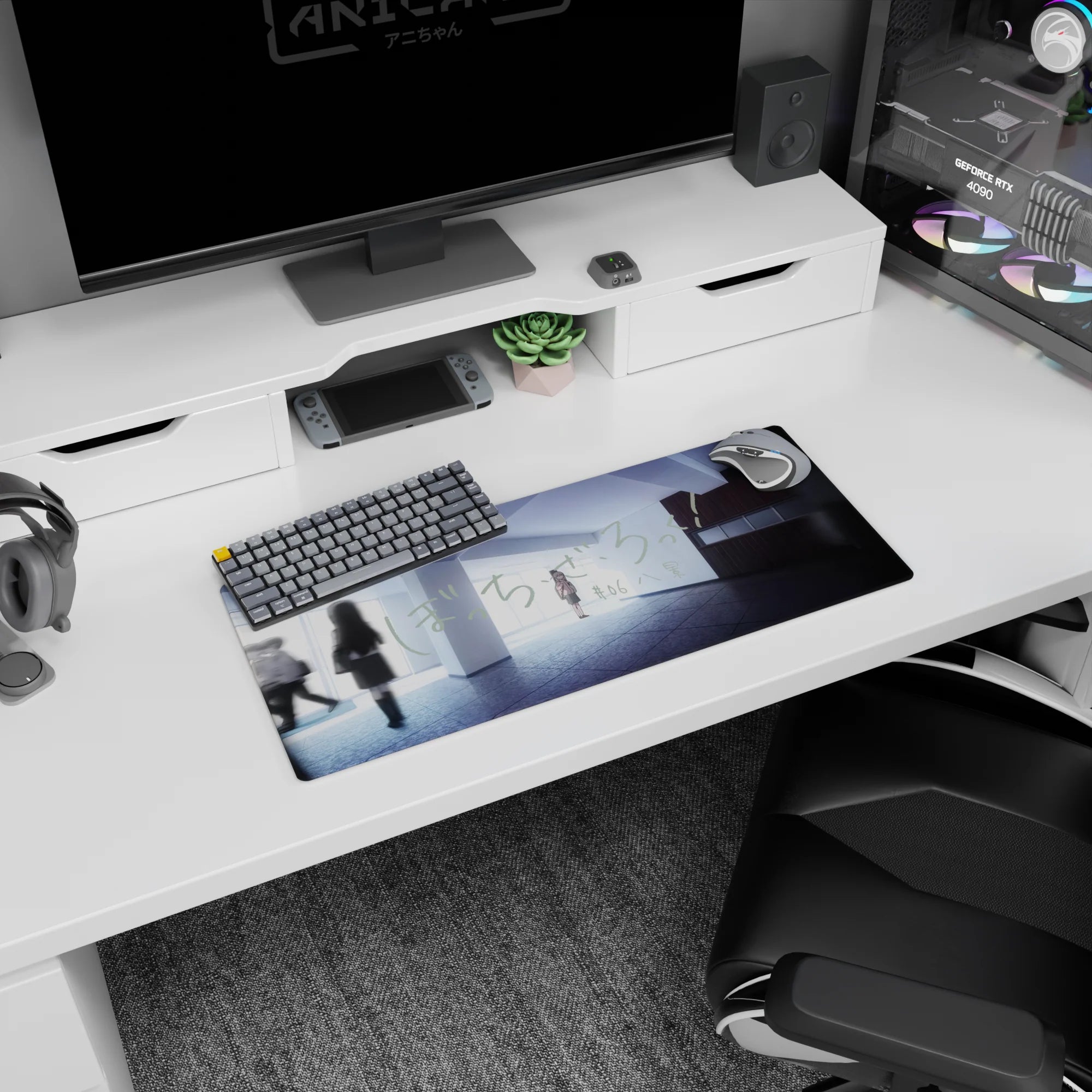 28x12 inches anime mouse pad showing a lone schoolgirl centered as classmates blur past in a hallway.