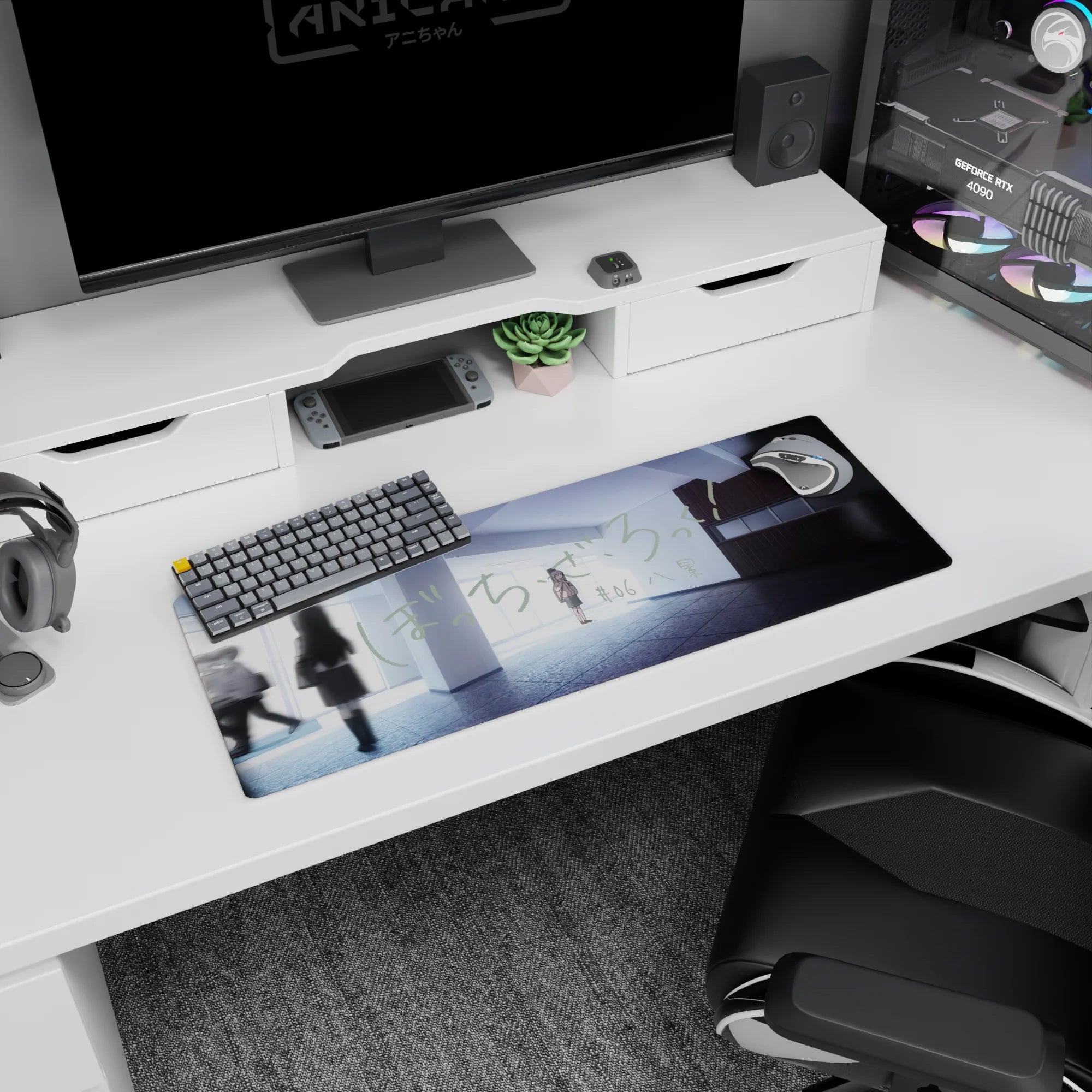 32x12 inches anime mouse pad showing a lone girl centered in a quiet hallway as students blur past like memories.