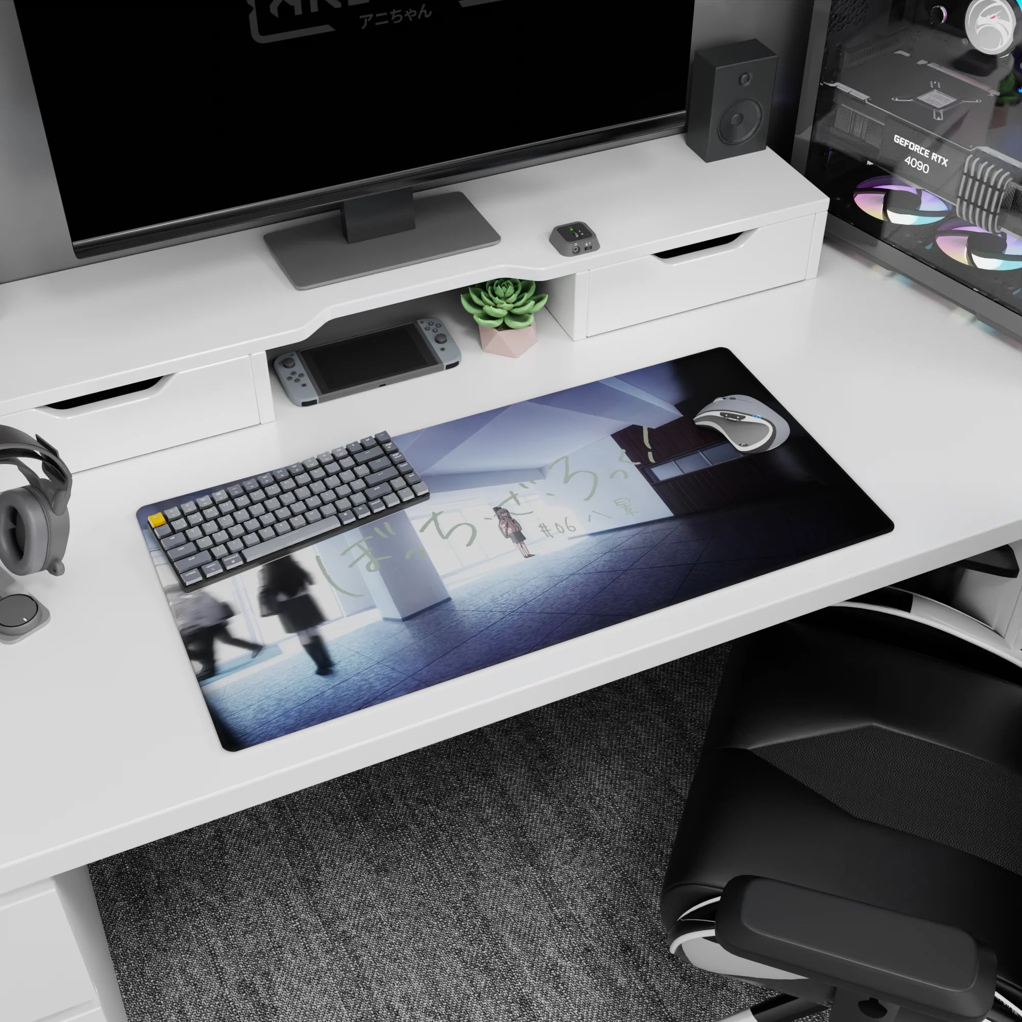 32x16 inches anime mouse pad showing a girl in a quiet corridor as classmates blur past like memories.