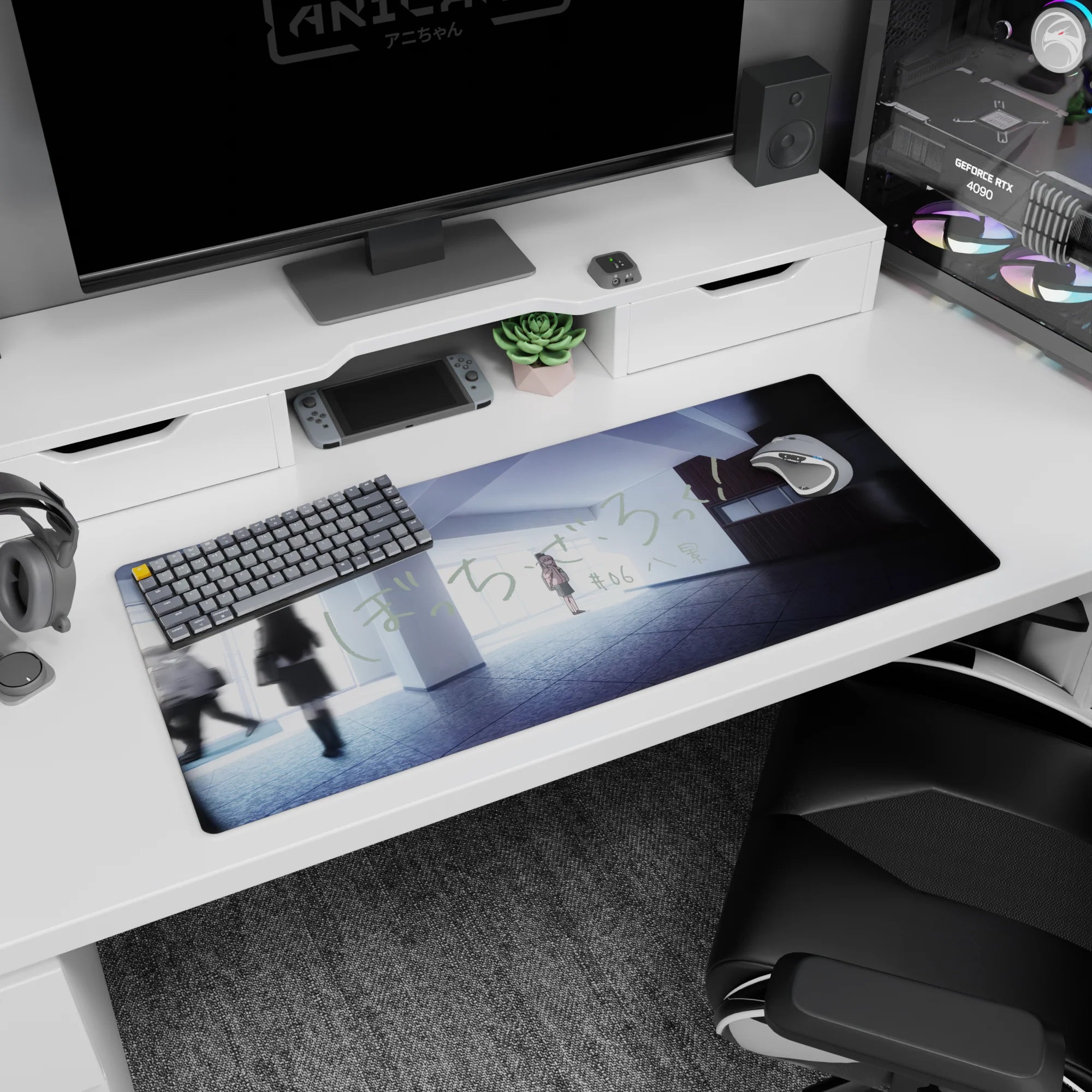 36x16 inches anime desk pad showing a lone schoolgirl centered as classmates blur past in a hallway.