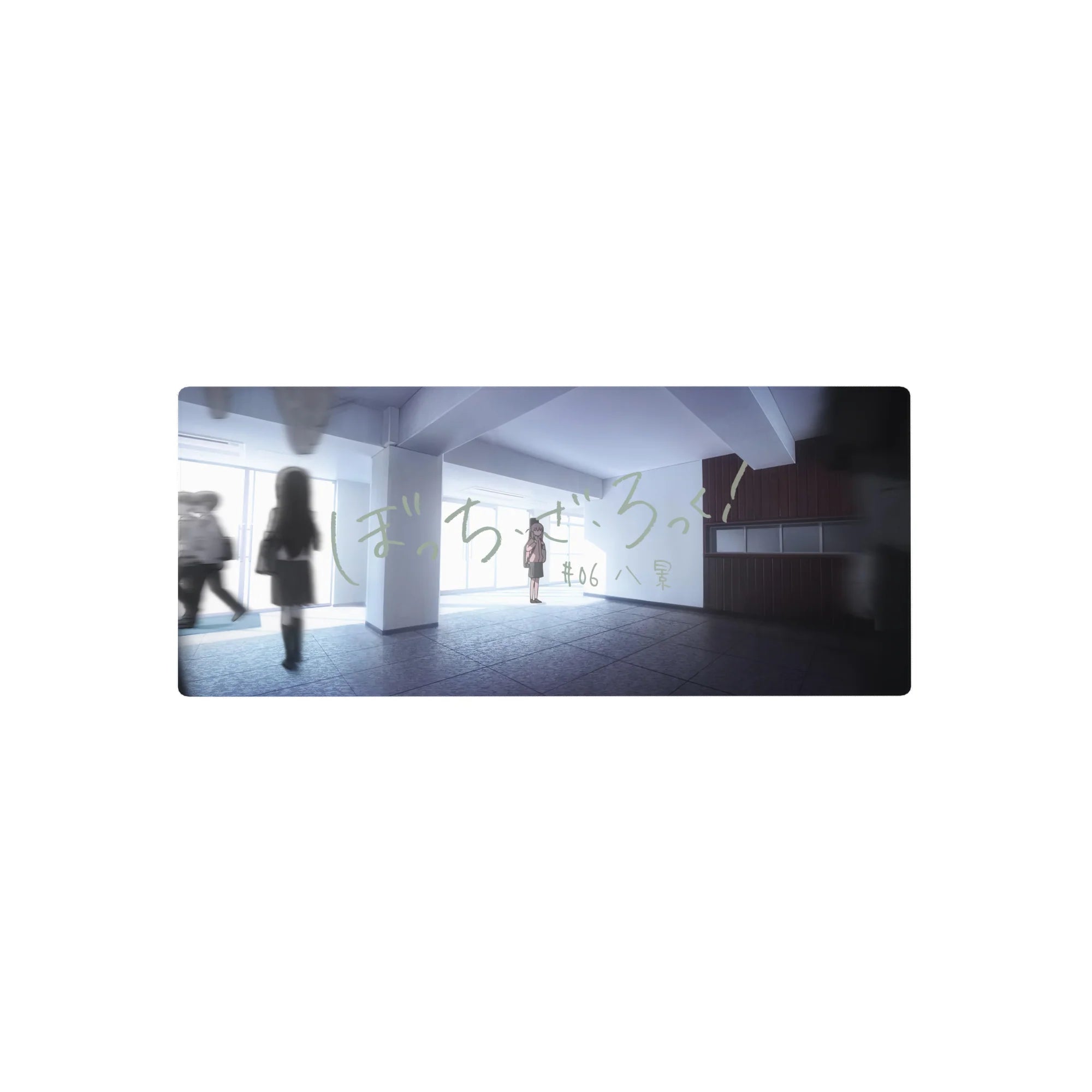 28x12 inches anime mouse pad with school hallway scene, Japanese lettering, and soft slice-of-life vibe.