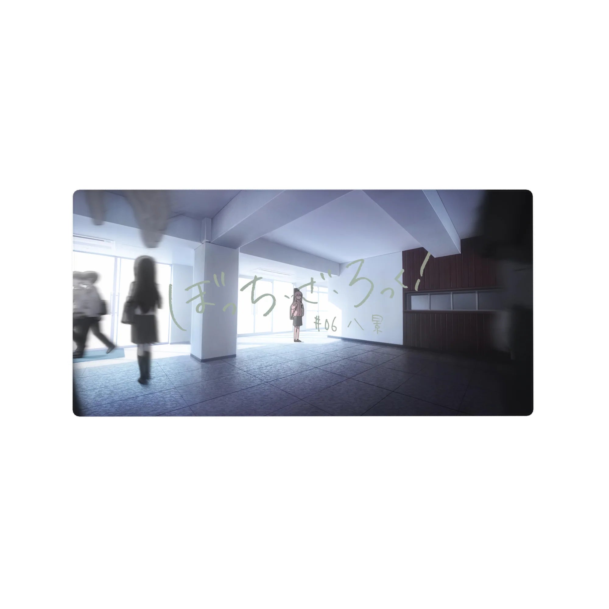 32x16 inches anime mouse pad with school hallway scene, lone girl centered and Japanese lettering.