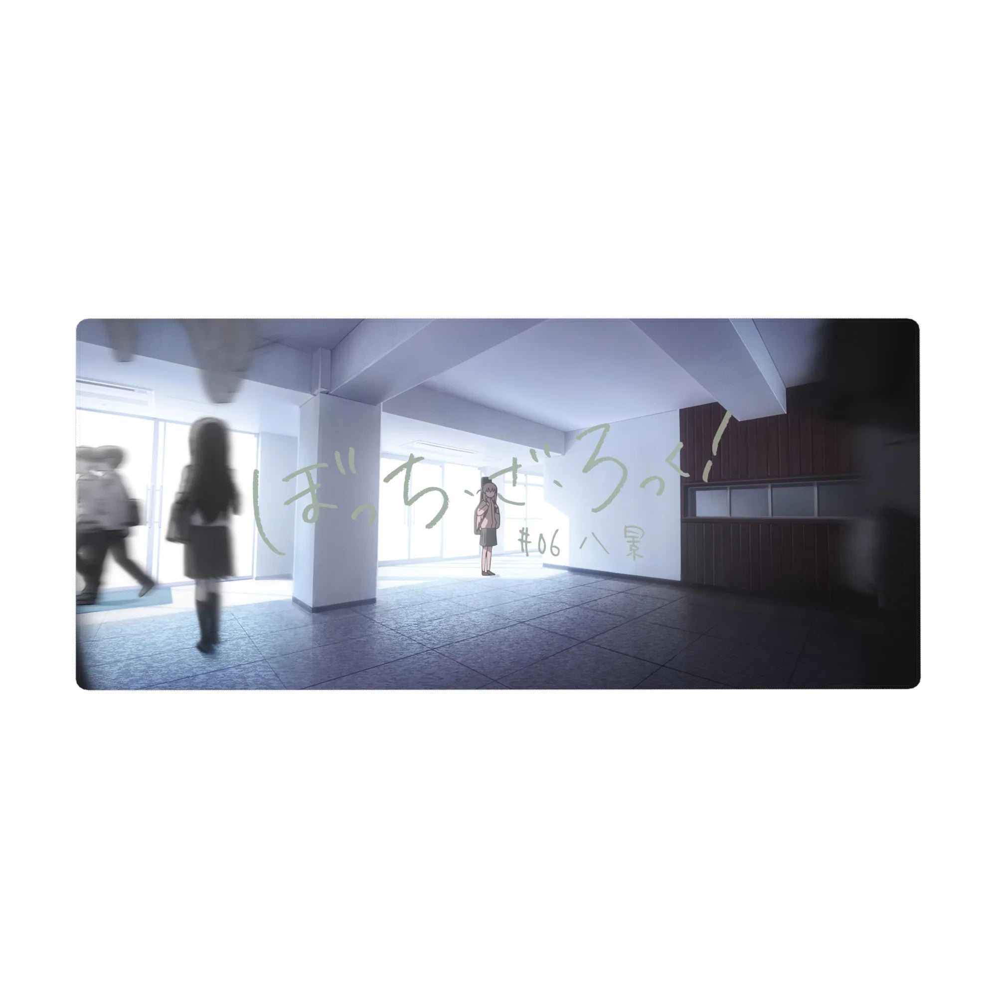 36x16 inches anime desk pad with school hallway scene, Japanese lettering, and calm slice-of-life layout.