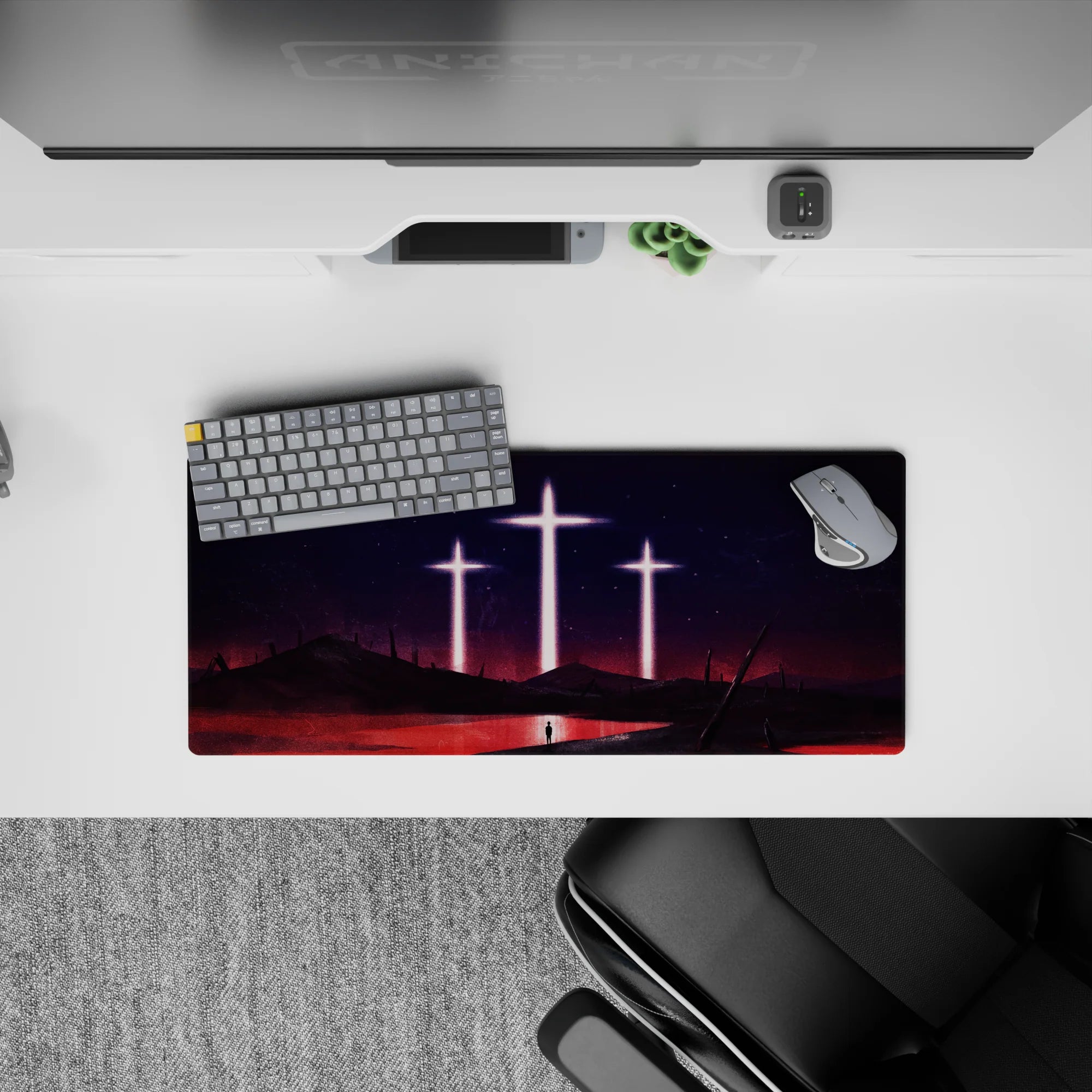 Evangelion mouse pad 28x12 inches featuring blood-red sea, glowing crosses, and a lone silhouette from the final act.