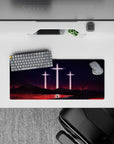 Evangelion mouse pad 28x12 inches featuring blood-red sea, glowing crosses, and a lone silhouette from the final act.