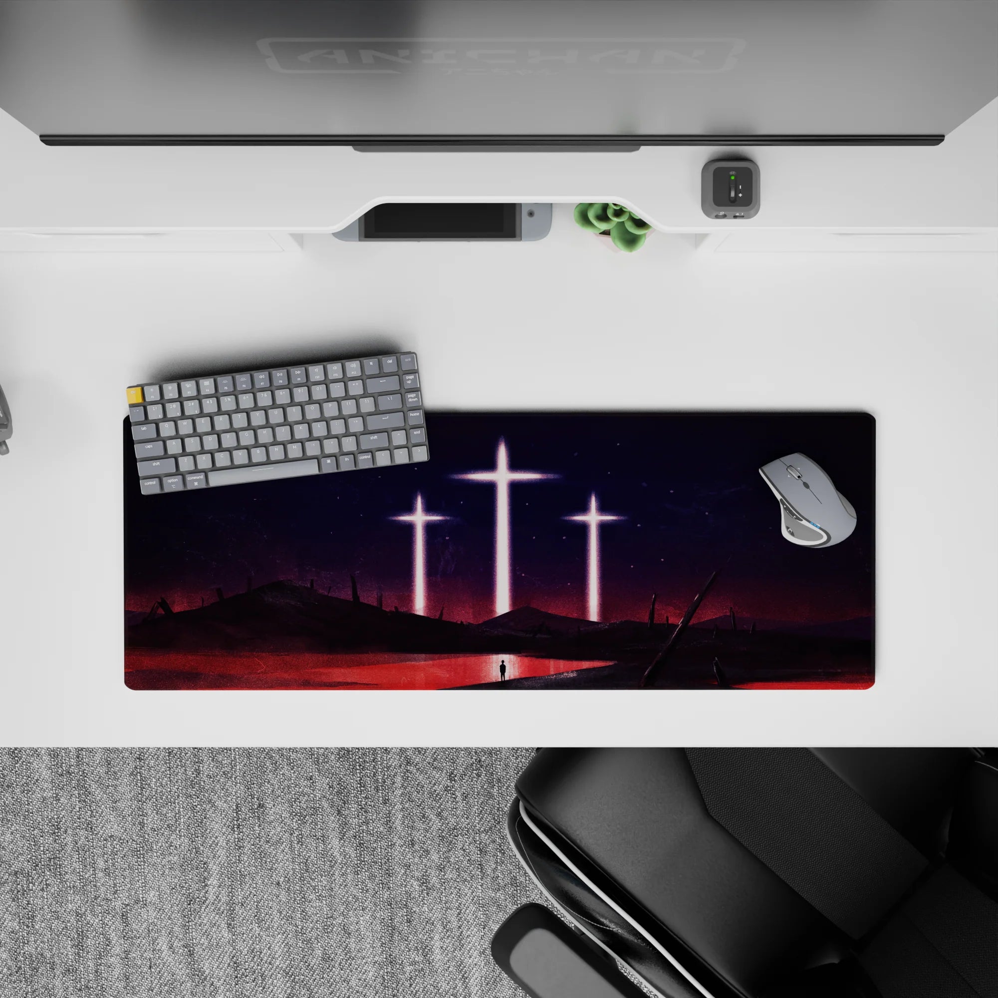 Anime mouse pad 32x12 inches, featuring Evangelion&#39;s iconic blood-red sea and glowing crosses, captures a haunting serenity.
