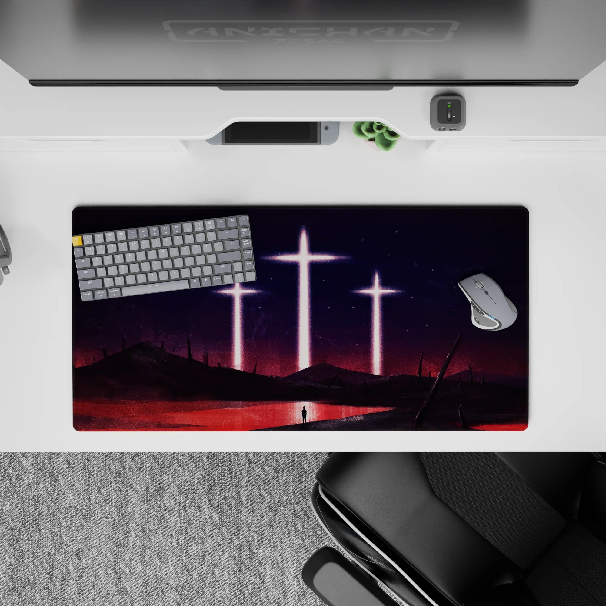 Anime mouse pad 32x16 inches featuring Evangelion&#39;s iconic blood-red sea and glowing crosses from its haunting final act.