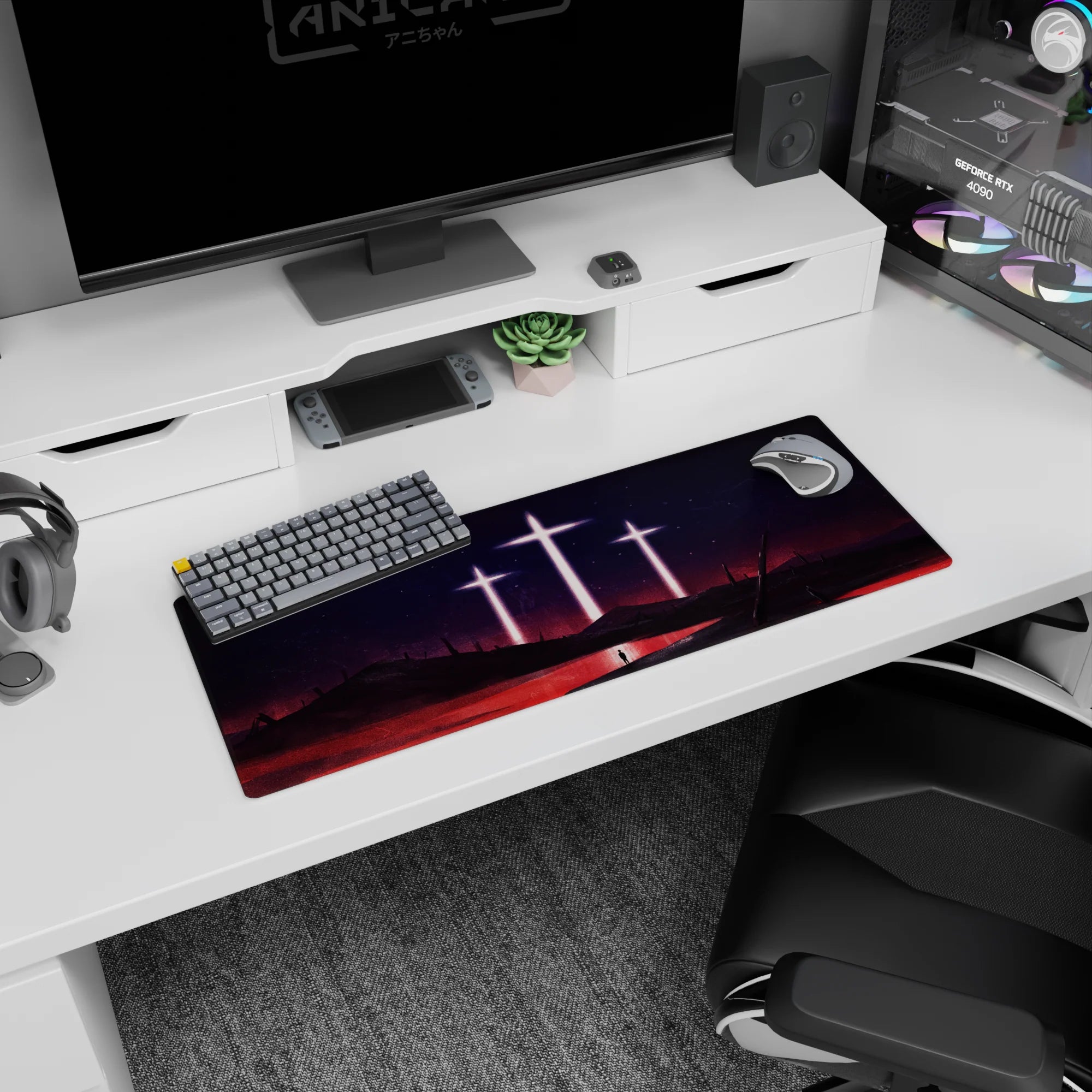 Evangelion mouse pad, 32x12 inches, showcasing the blood-red sea and glowing crosses, capturing a serene post-apocalyptic scene.