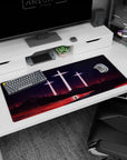 Evangelion desk pad 36x16 inches featuring the blood-red sea and glowing crosses, capturing the haunting final act.