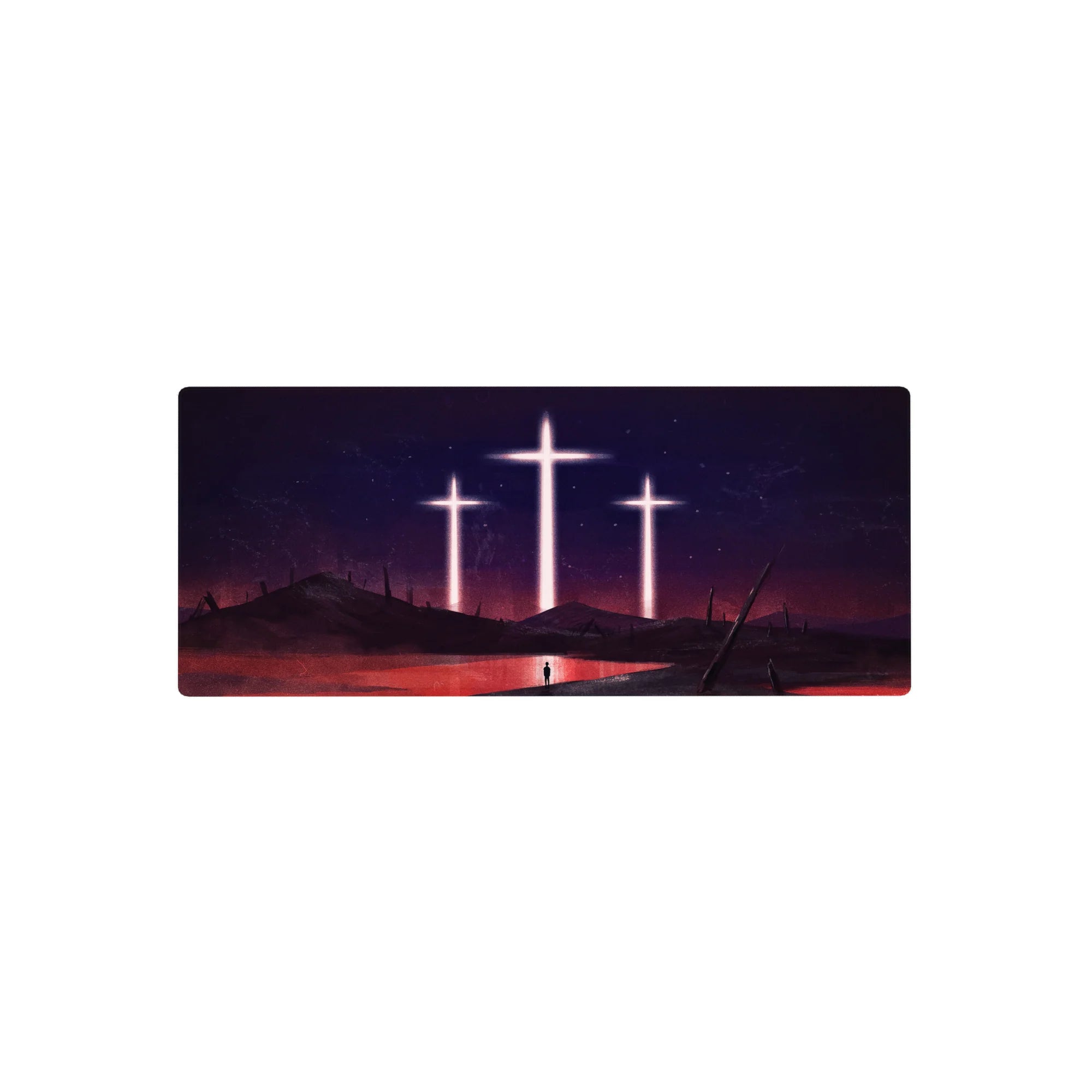 Evangelion mouse pad 28x12 inches, features blood-red sea, glowing crosses, and a lone silhouette in a post-apocalyptic setting.