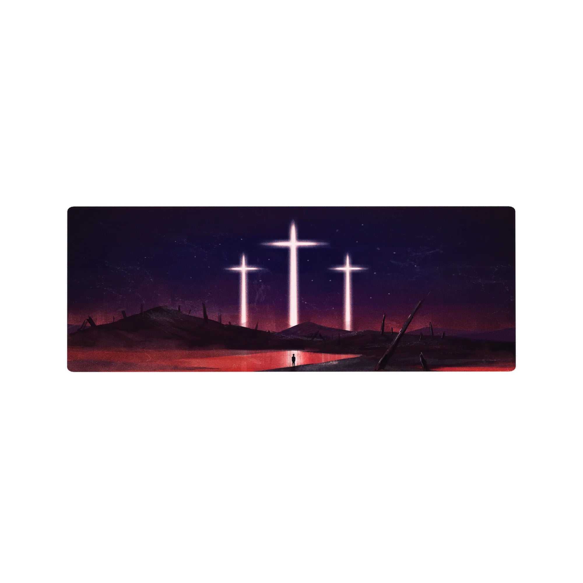Evangelion mouse pad 32x12 inches with blood-red sea and glowing crosses, capturing the anime&#39;s haunting final scene.