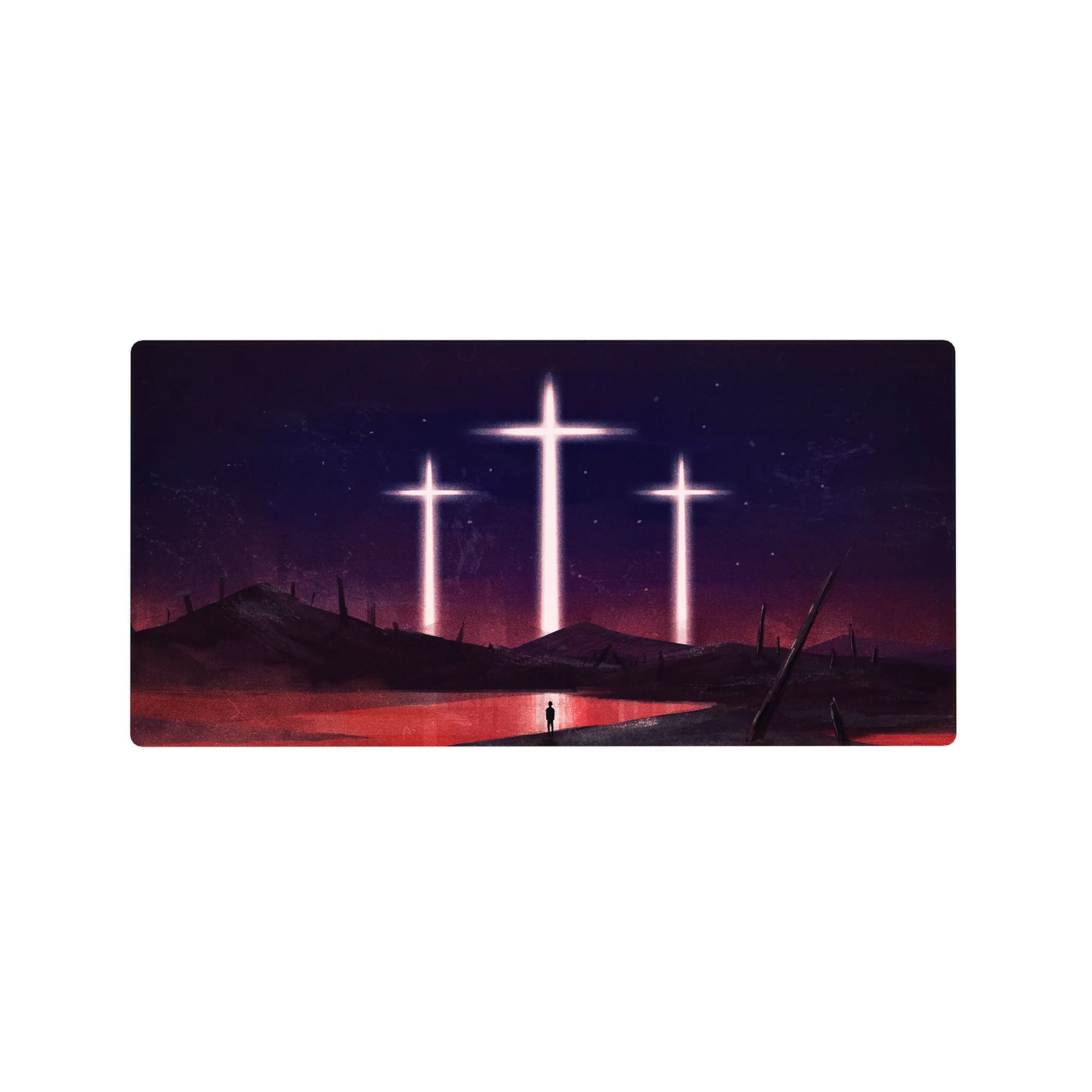 Anime mouse pad 32x16 inches featuring Evangelion&#39;s blood-red sea and crosses, capturing a serene, post-apocalyptic scene.