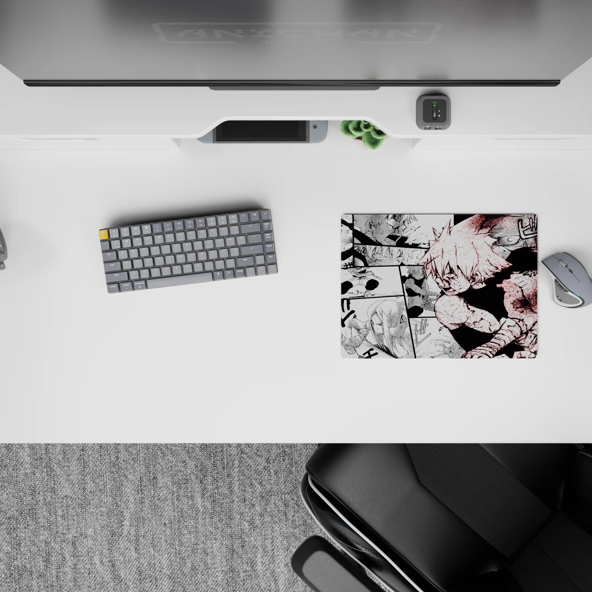 Gritty black-and-white anime mouse pad 14x10 inches with sharp red splatter accents and intense fight energy.