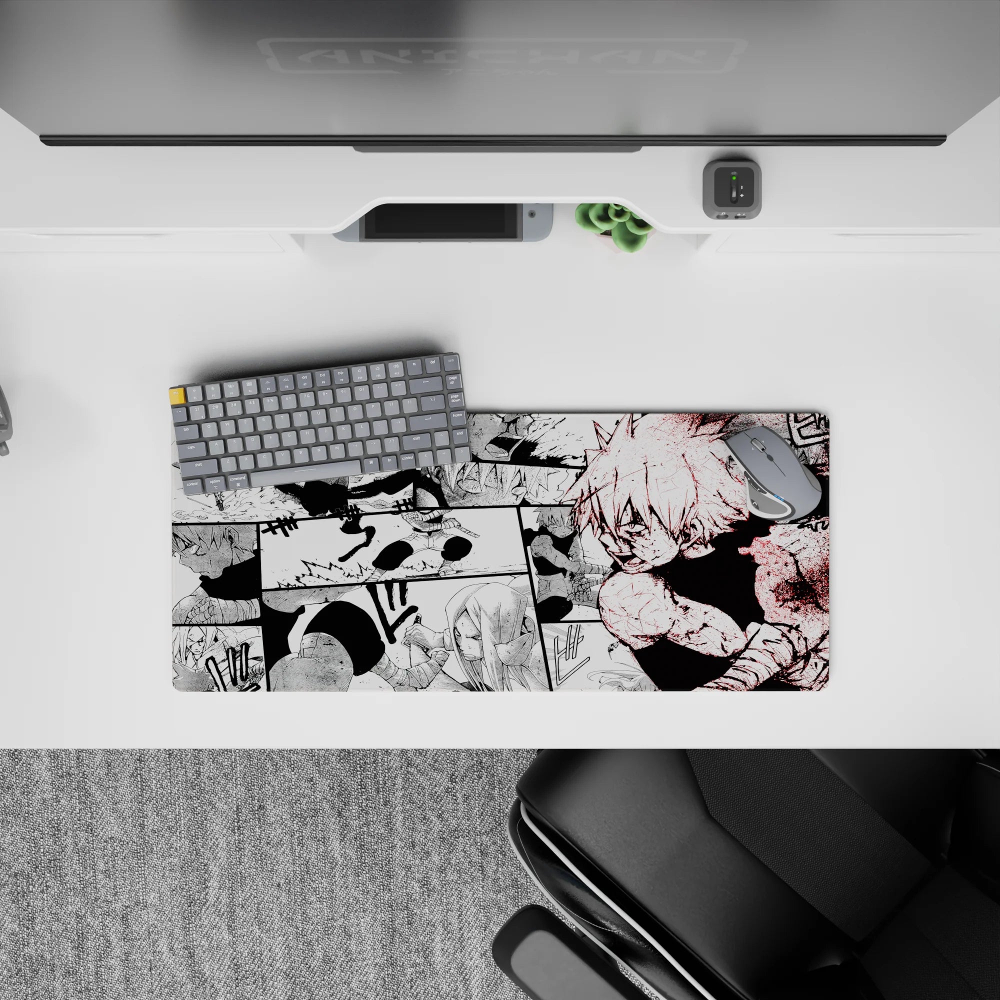 28x12 inches anime mouse pad in heavy blacks and dusty whites with sharp red splatter, intense high-energy vibe.