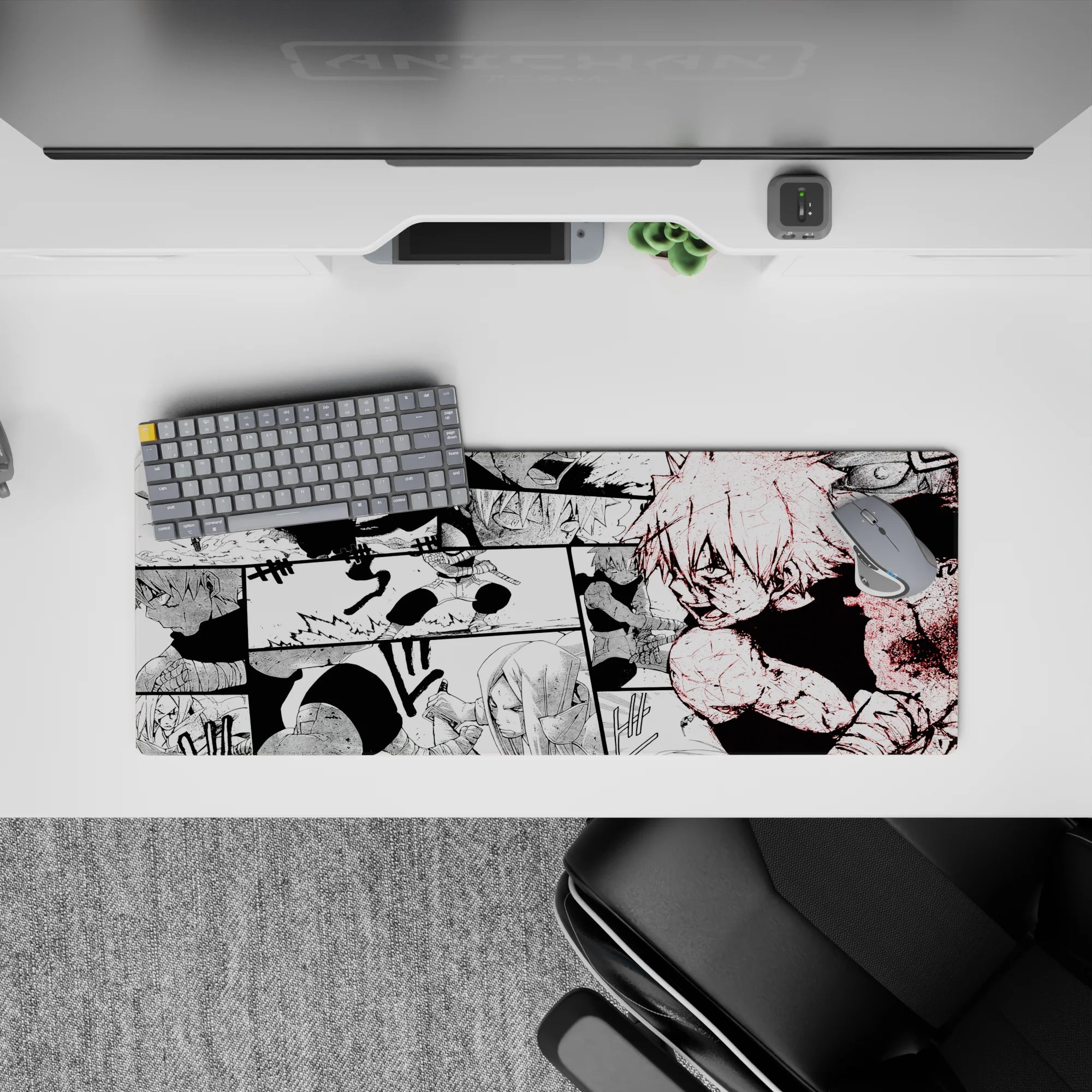 32x12 inches anime mouse pad in heavy blacks and dusty whites with sharp red splatter for intense mood.