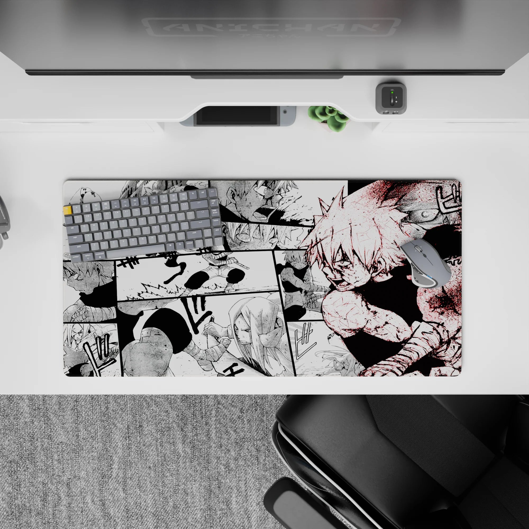 32x16 inches anime mouse pad in heavy blacks and dusty whites with sharp red splatter, intense gritty mood.