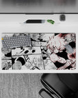 32x16 inches anime mouse pad in heavy blacks and dusty whites with sharp red splatter, intense gritty mood.