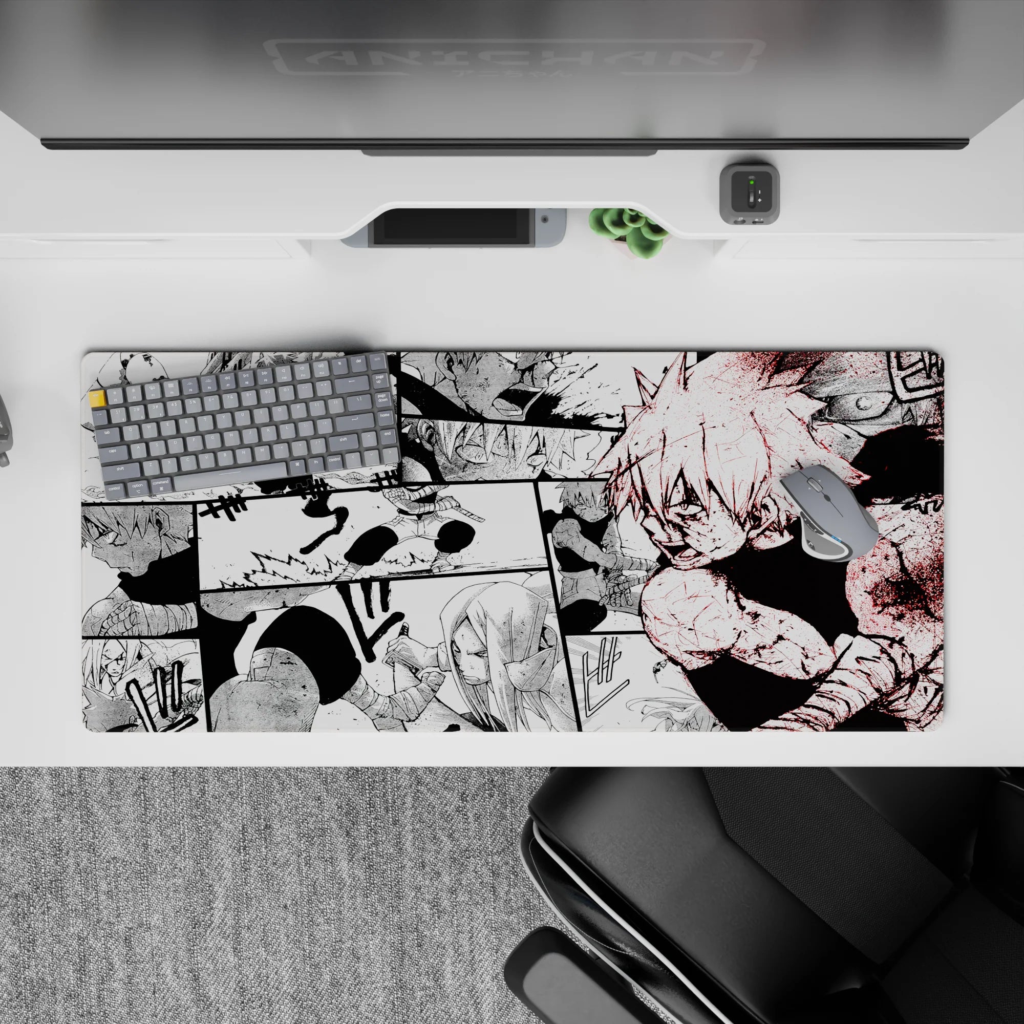 36x16 inches anime desk pad in heavy blacks and dusty whites with sharp red splatter, intense mood.