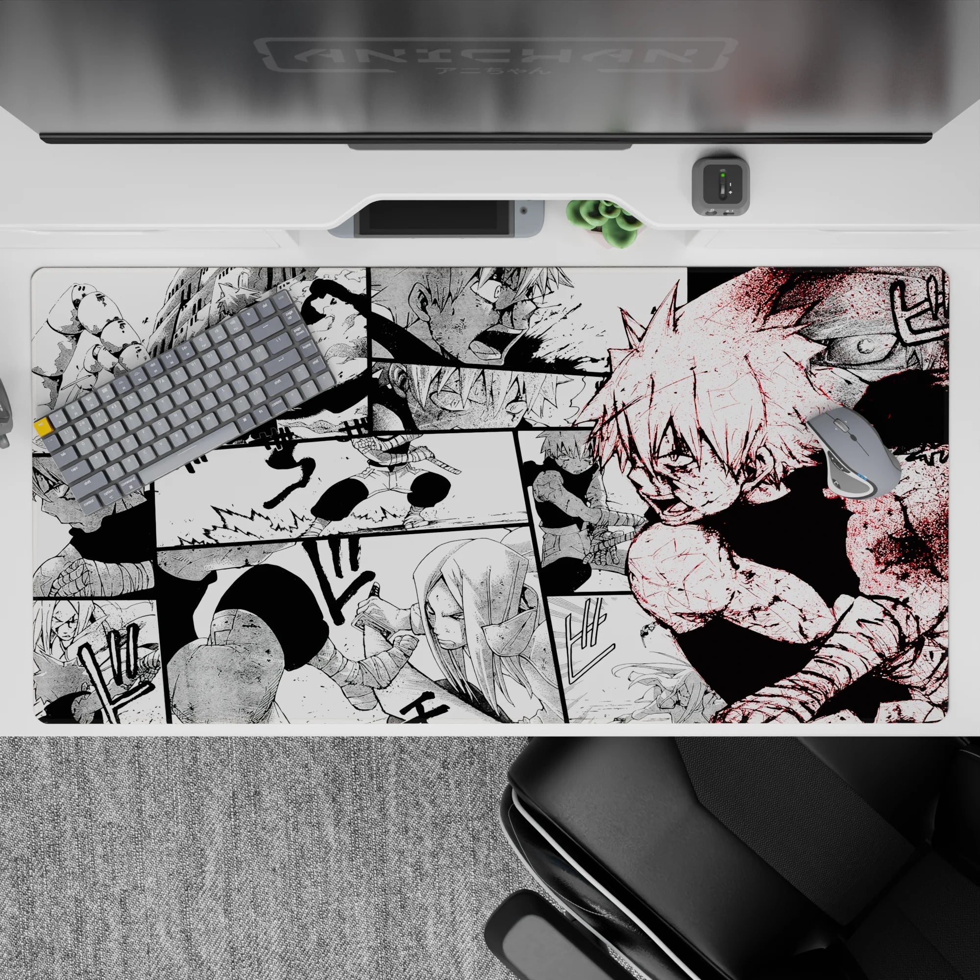 40x20 inches anime desk pad in heavy blacks and dusty whites with sharp red splatter, intense mood.