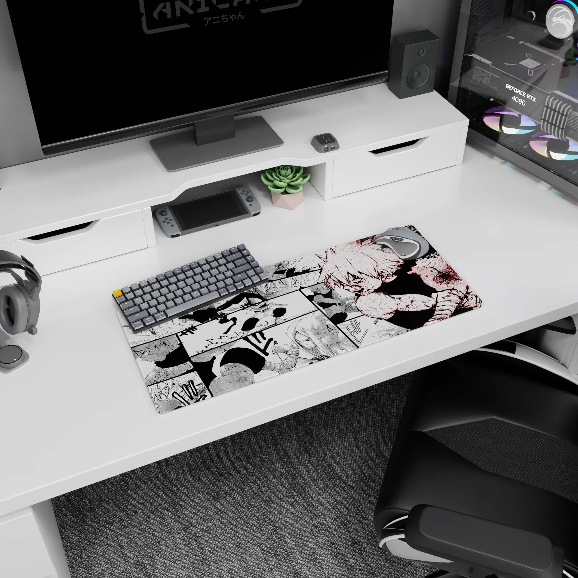 28x12 inches Naruto mouse pad showing Naruto mid-air strike, kunai flashing, cloak and bandage wraps in motion.
