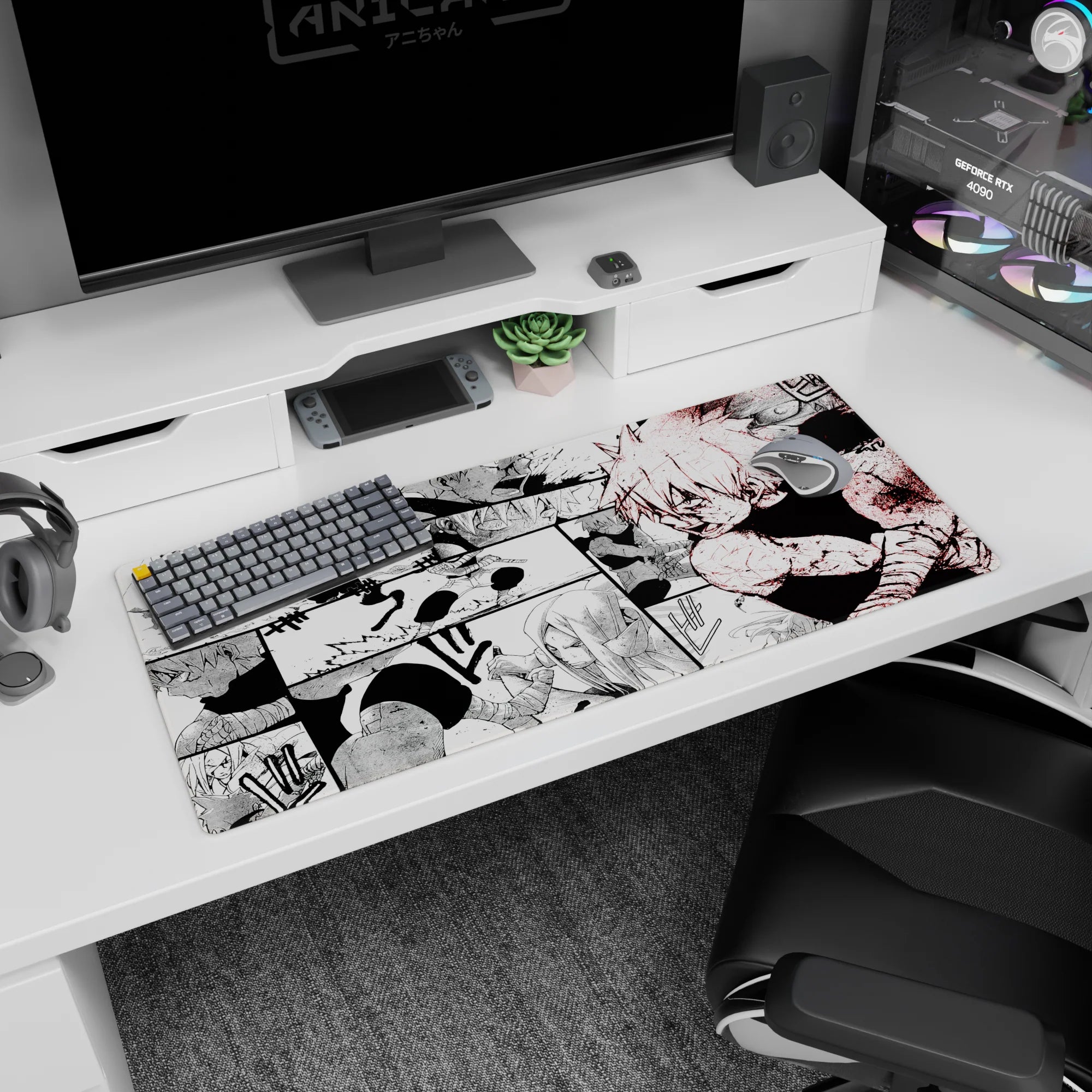 36x16 inches Naruto desk pad showing Naruto mid-air strike, kunai flashing, cloak and wraps in motion.