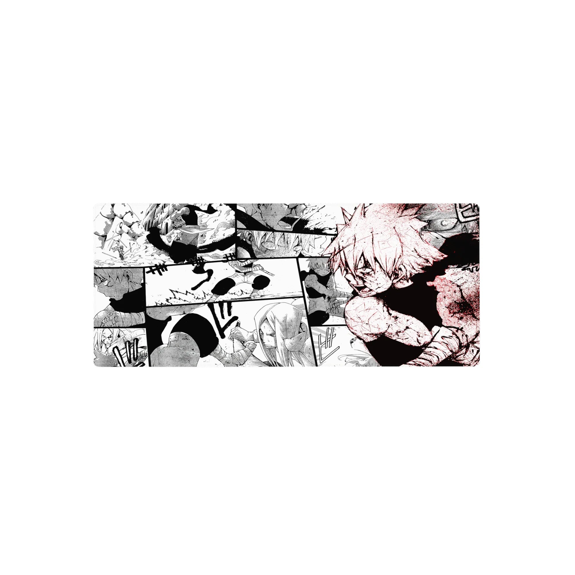 28x12 inches anime mouse pad with gritty manga collage panels, speed lines, kunai action, and cracked ground.