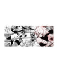 28x12 inches anime mouse pad with gritty manga collage panels, speed lines, kunai action, and cracked ground.