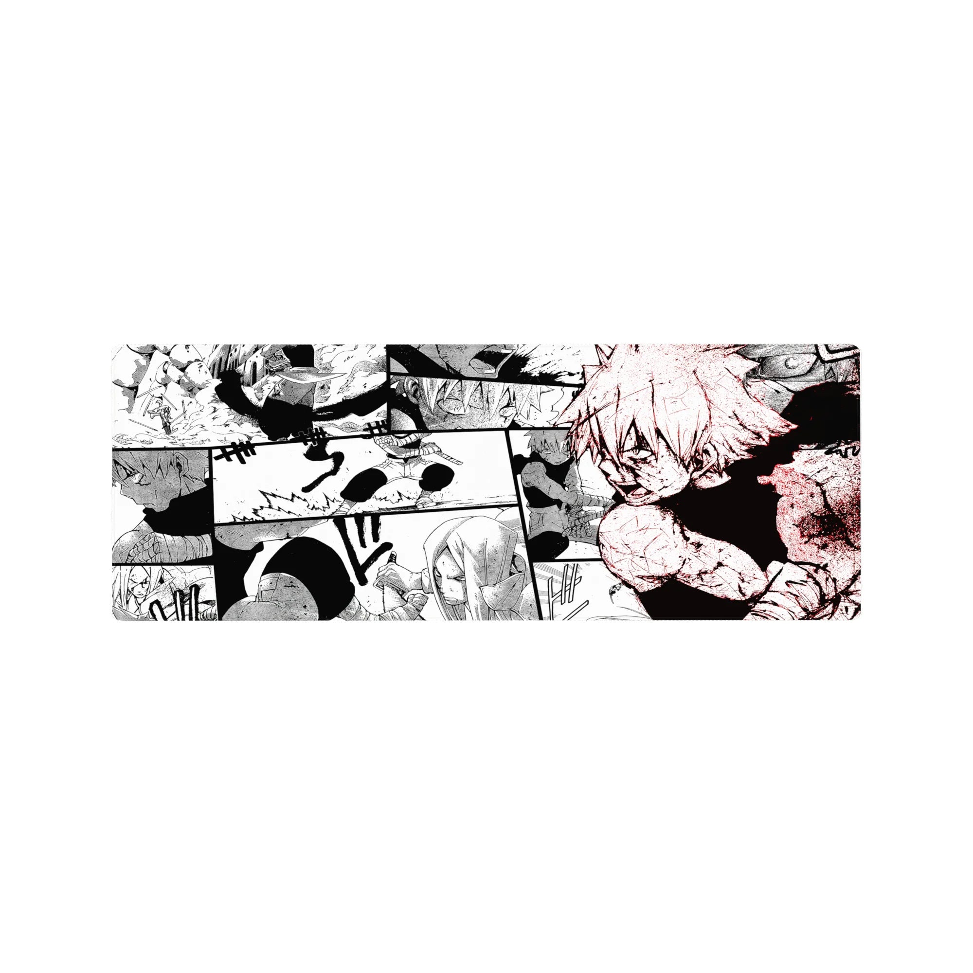 32x12 inches anime mouse pad with gritty manga collage panels, speed lines, cracked ground, and kunai action.