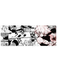 32x12 inches anime mouse pad with gritty manga collage panels, speed lines, cracked ground, and kunai action.