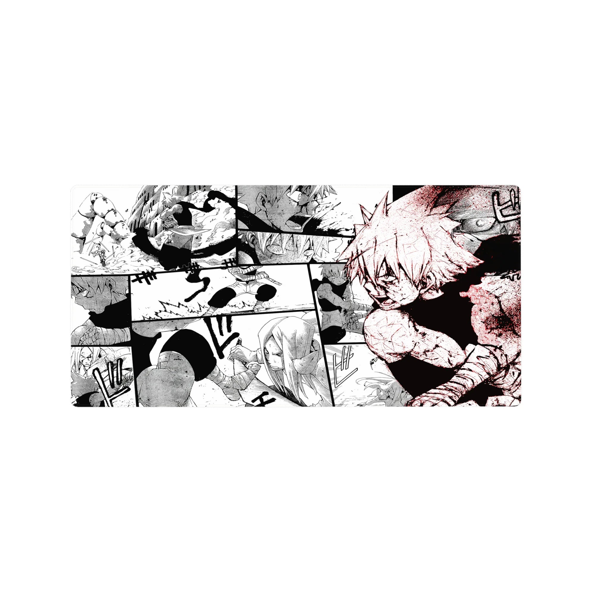 32x16 inches anime mouse pad with gritty manga collage, stacked action panels, speed lines, cracked ground.