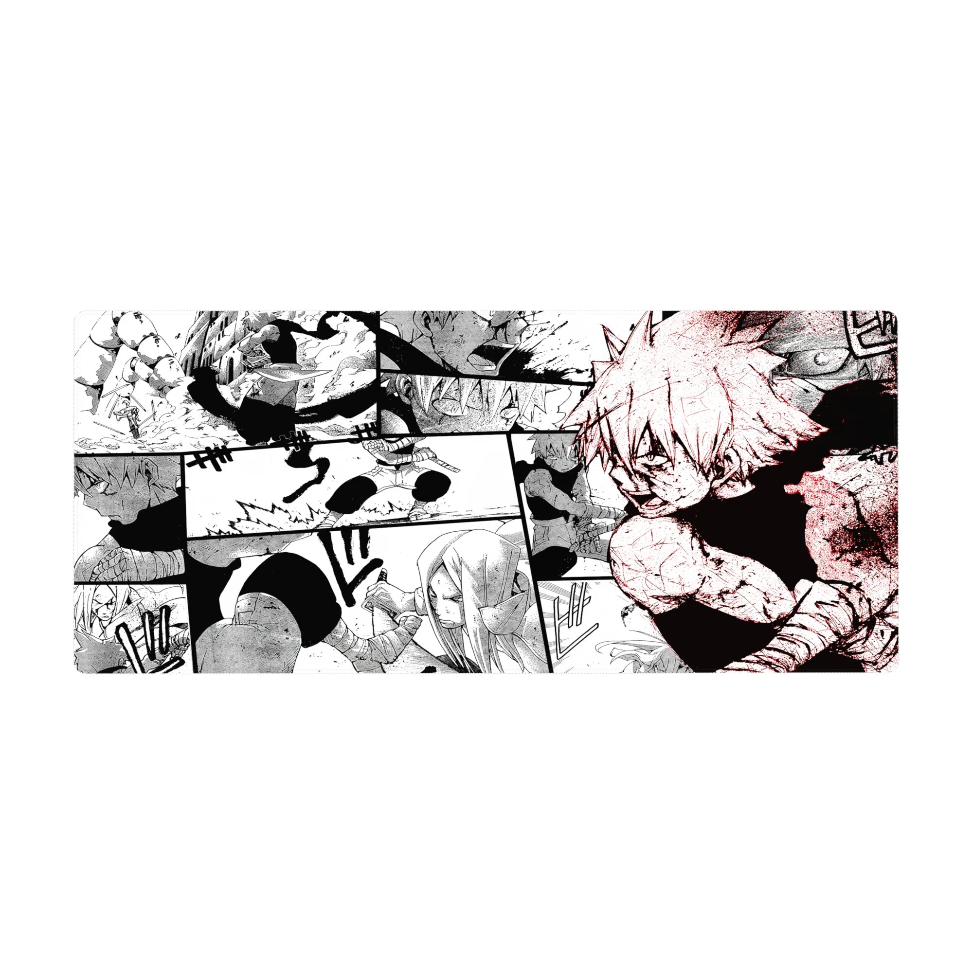 36x16 inches anime desk pad with gritty manga collage panels, speed lines, kunai action, cracked ground.