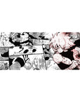 36x16 inches anime desk pad with gritty manga collage panels, speed lines, kunai action, cracked ground.