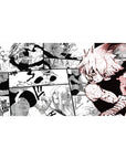 40x20 inches anime desk pad with gritty manga collage, stacked fight panels, speed lines, cracked ground.