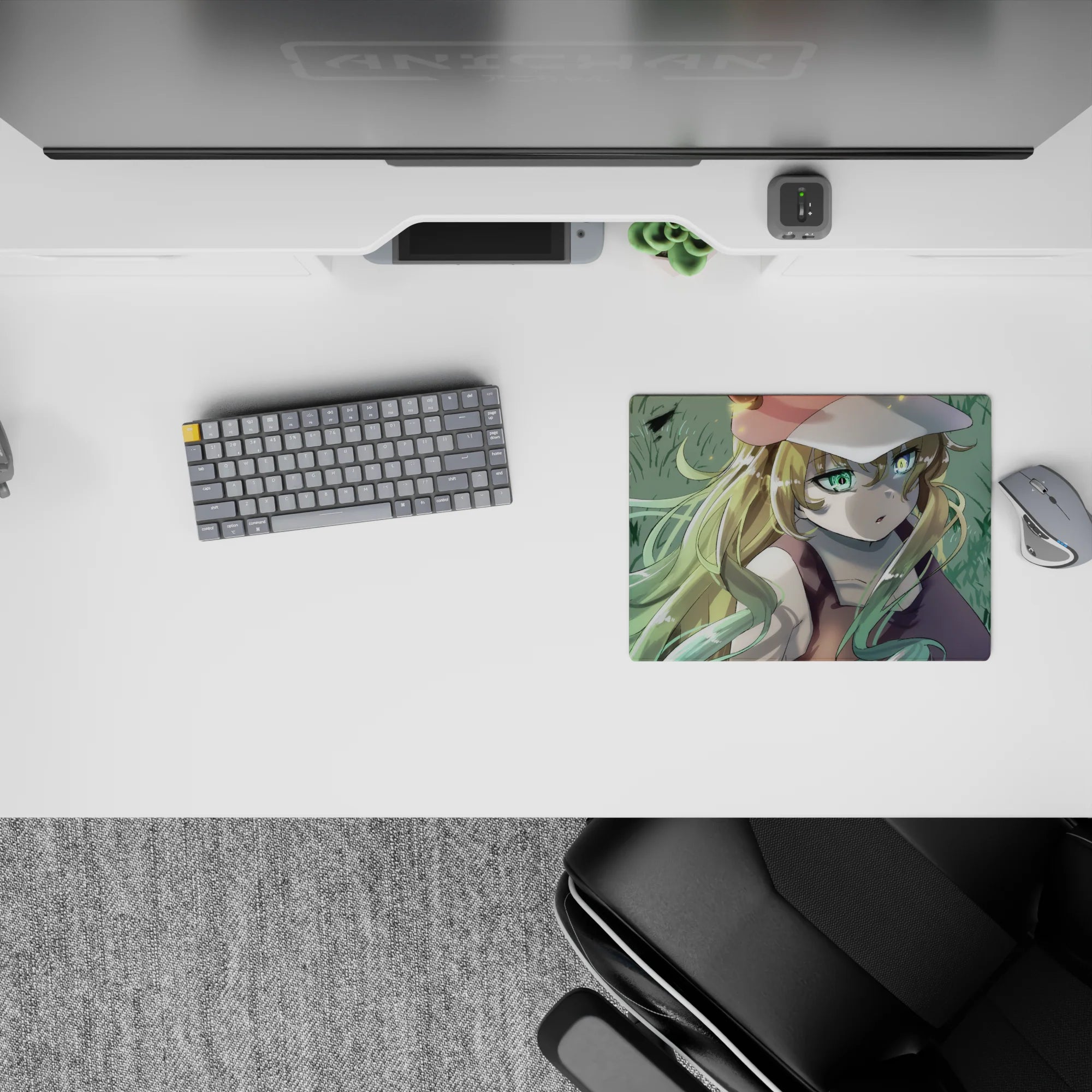 Mint and gold gradients anime girl mouse pad 14x10 inches with soft grass tones and calm summer mood.
