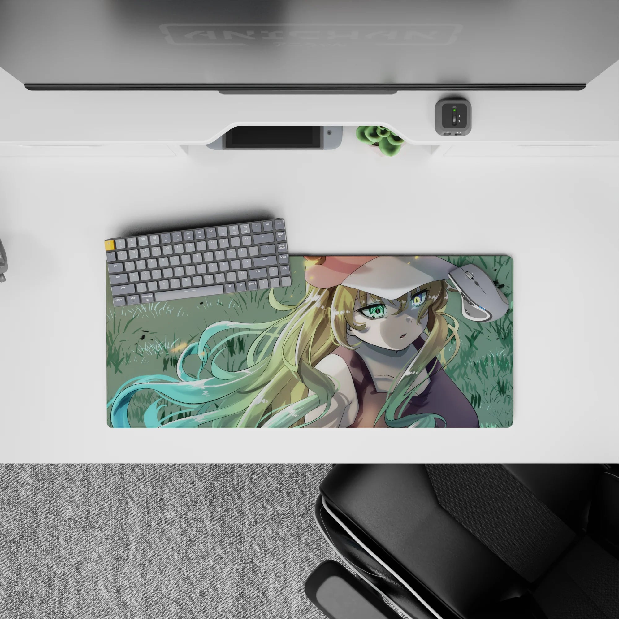 28x12 inches anime girl mouse pad in soft grass tones with drifting sparks, calm summer-lazy mood.