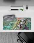 28x12 inches anime girl mouse pad in soft grass tones with drifting sparks, calm summer-lazy mood.