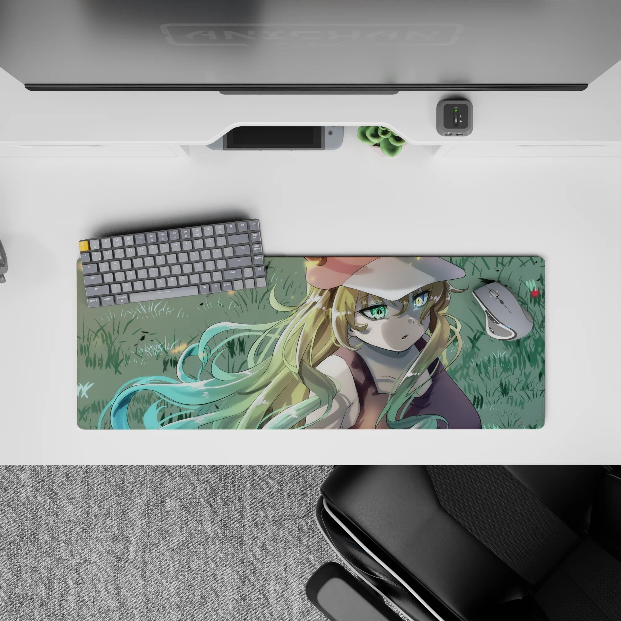32x12 inches anime girl mouse pad in soft grass tones with mint-gold hair ribbons and calm summer vibe.