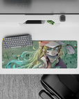 32x12 inches anime girl mouse pad in soft grass tones with mint-gold hair ribbons and calm summer vibe.