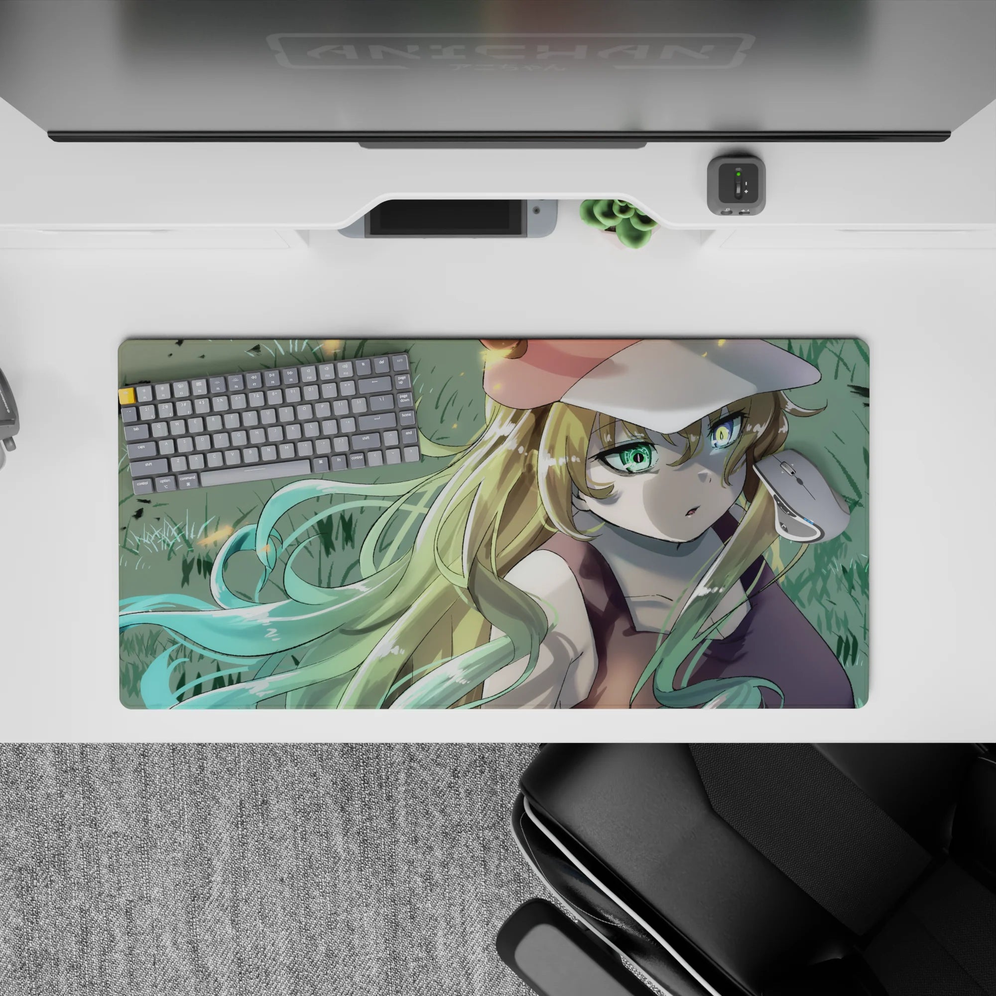 32x16 inches anime girl mouse pad in soft grass tones, mint-gold hair ribbons, calm cozy summer vibe.