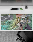 32x16 inches anime girl mouse pad in soft grass tones, mint-gold hair ribbons, calm cozy summer vibe.