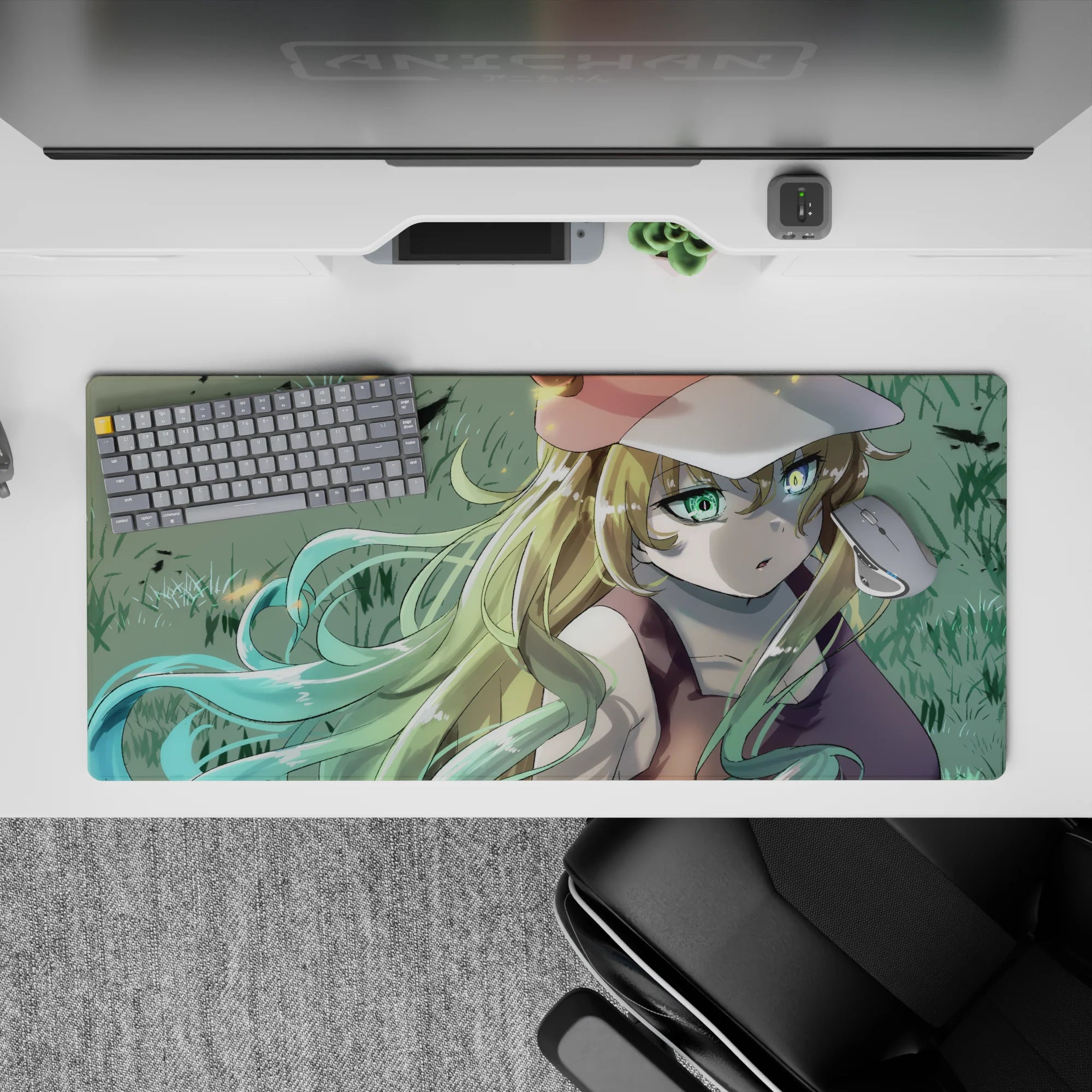 36x16 inches anime desk pad in soft grass tones with mint-gold gradients and calm cozy vibe.