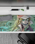 36x16 inches anime desk pad in soft grass tones with mint-gold gradients and calm cozy vibe.