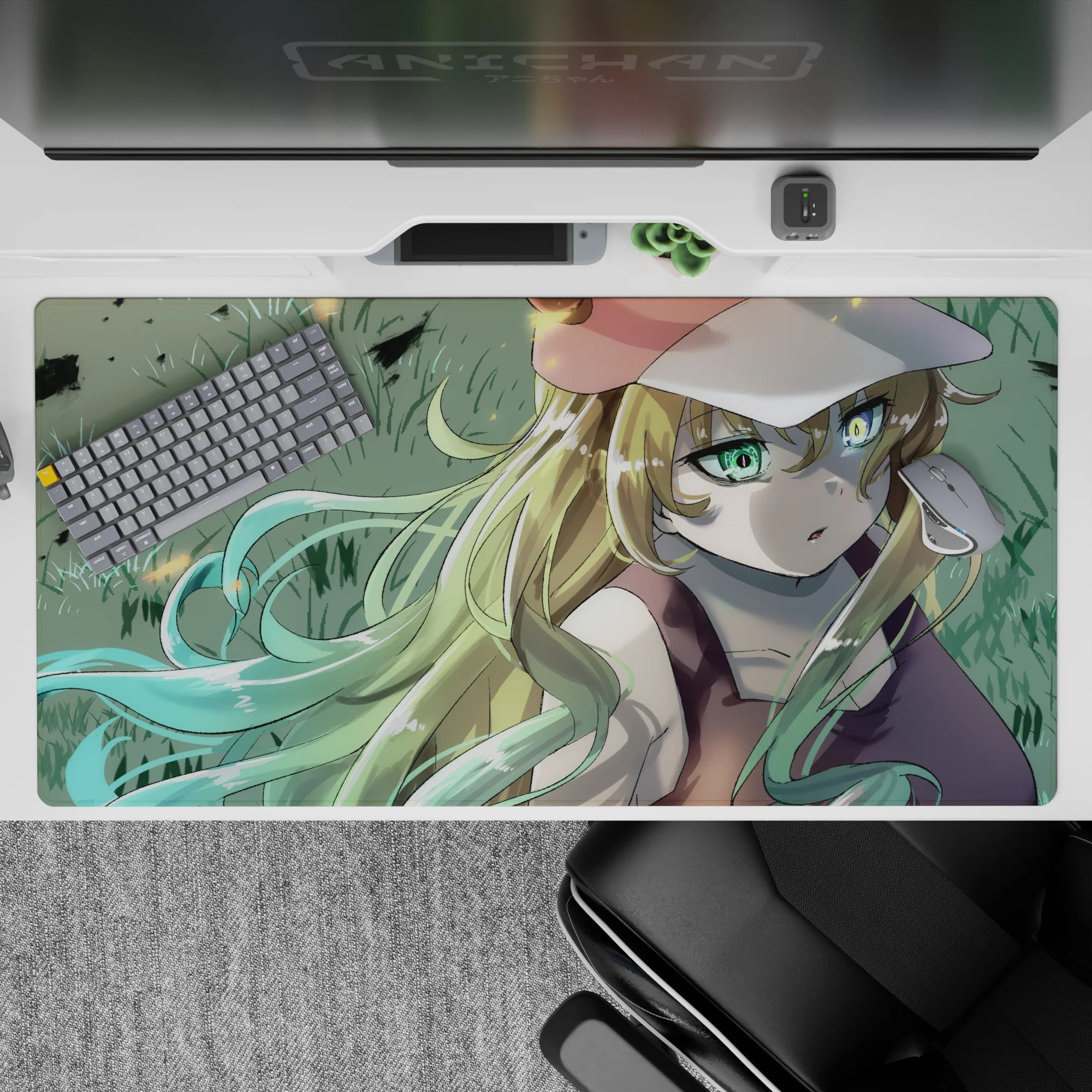 Calm summer-lazy anime desk pad 40x20 inches in soft grass tones, smooth gradients, and drifting sparks.