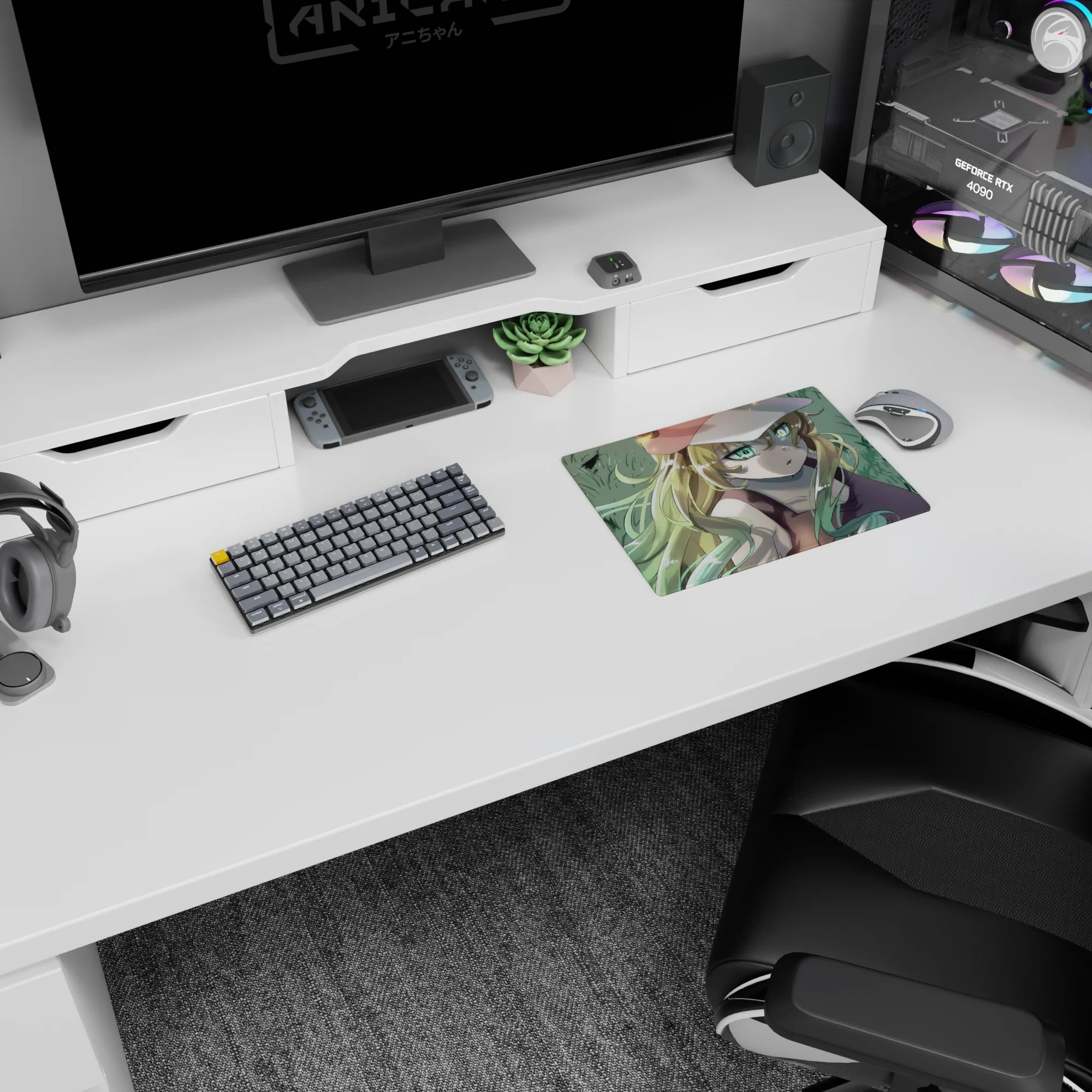 Dreamy blonde anime girl gazing upward with bright green eyes on a 14x10 inches mouse pad.
