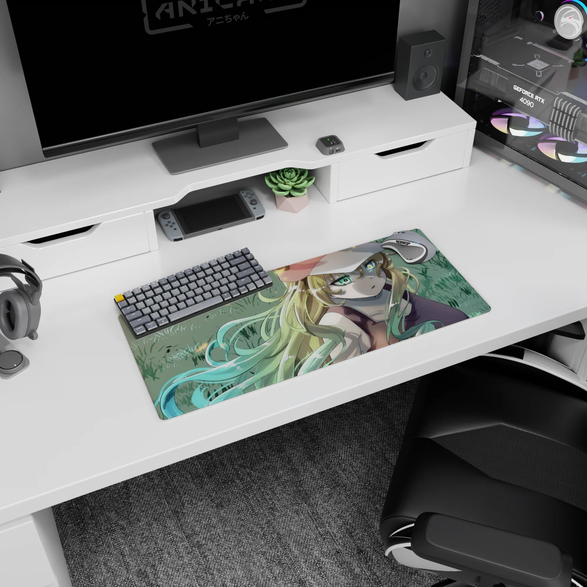 28x12 inches anime girl mouse pad showing a dreamy blonde staring up, bright green eyes, pouty pose.